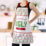 Ugly Christmas Sweater Nordic Red Green Knit Name Apron<br><div class="desc">“Eat, drink and be ugly.” Here’s a wonderful way add to the fun of your holiday baking. Add extra sparkle to your holiday culinary adventures whenever you wear this unique, whimsical, modern, custom name Christmas apron. A cute, Nordic knit fair isle pattern of whimsical trees, reindeer, ornaments, along with playful...</div>