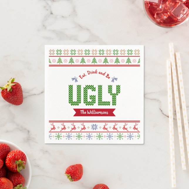 Ugly Christmas Sweater Nordic Red Green Knit Name Napkin (Insitu)