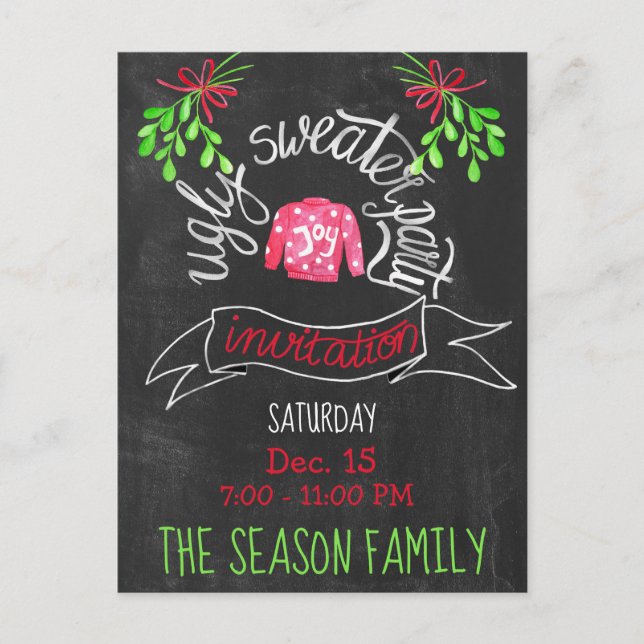 Ugly Christmas Sweater Party Invitation Postcard (Front)