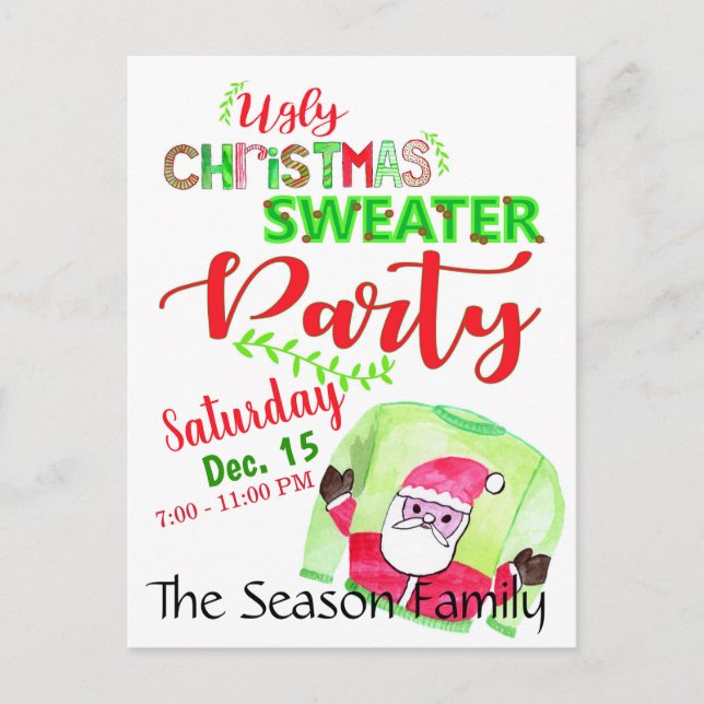 Ugly Christmas Sweater Party Invitation Postcard (Front)