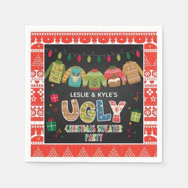 Ugly Christmas Sweater Party Napkin - Red Border (Front)