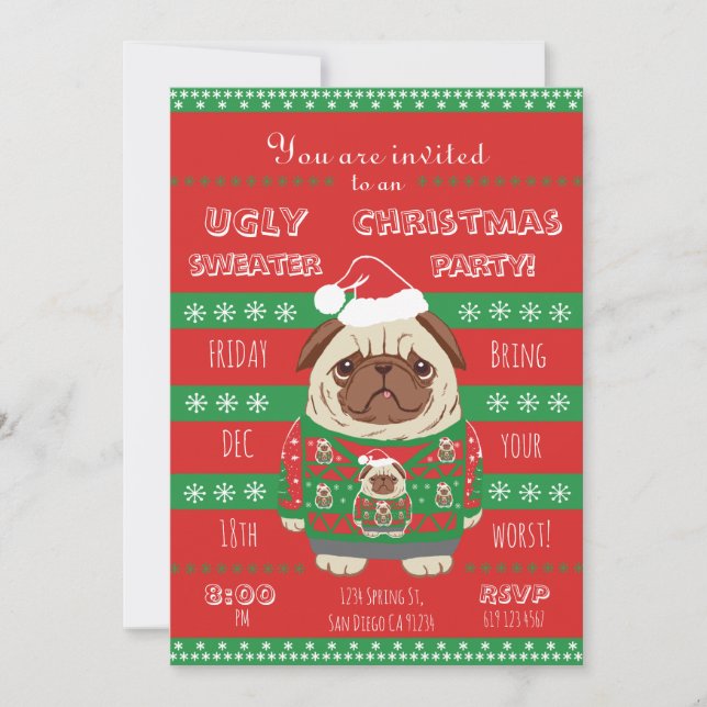 ugly christmas sweater party pug invitation (Front)