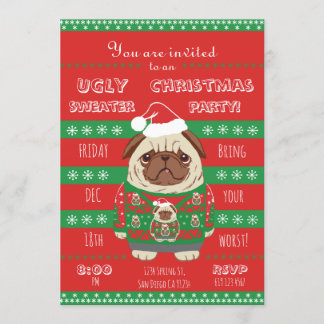 ugly christmas sweater party pug invitation