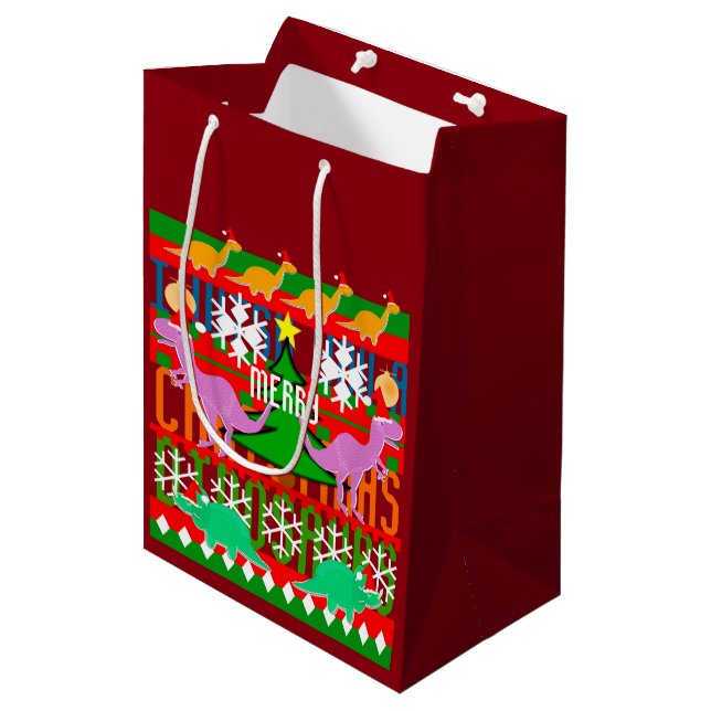 Ugly Christmas Sweater Pattern Cute Dinosaurs Medium Gift Bag (Front Angled)