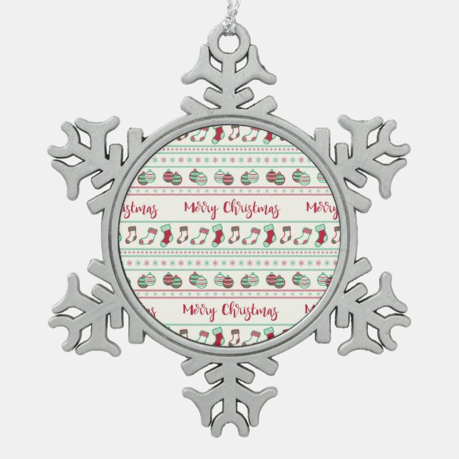 Ugly Christmas Sweater Pattern Holiday Snowflake Pewter Christmas Ornament (Front)
