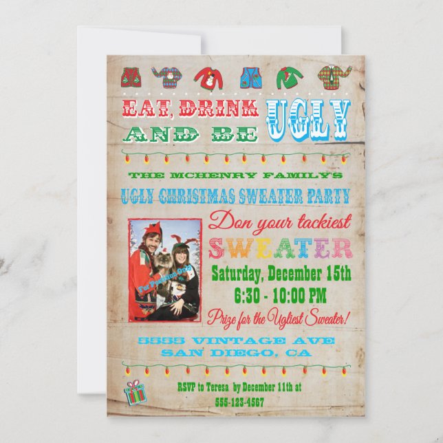 Ugly Christmas Sweater Photo Invitations (Front)
