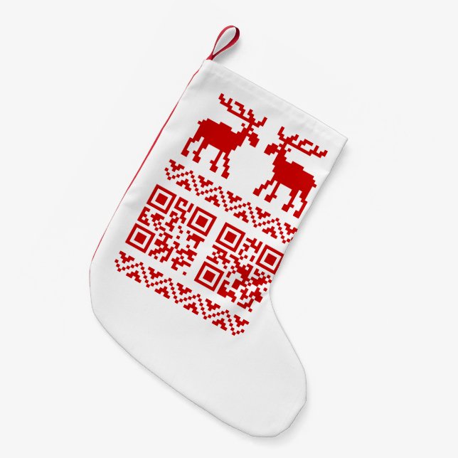 Ugly Christmas Sweater QR Code Happy New Year ! Small Christmas Stocking (Front (Hanging))