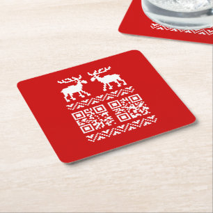 Ugly Christmas Sweater QR Code Happy New Year ! Square Paper Coaster