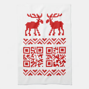 Ugly Christmas Sweater QR Code Happy New Year ! Tea Towel