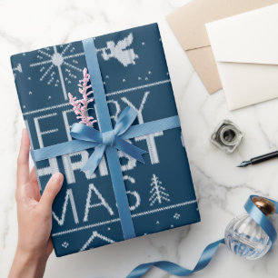 Ugly Christmas Sweater Religious Christian Blue Wrapping Paper