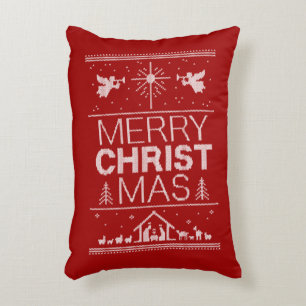 Ugly Christmas Sweater Religious Nativity Red Decorative Cushion