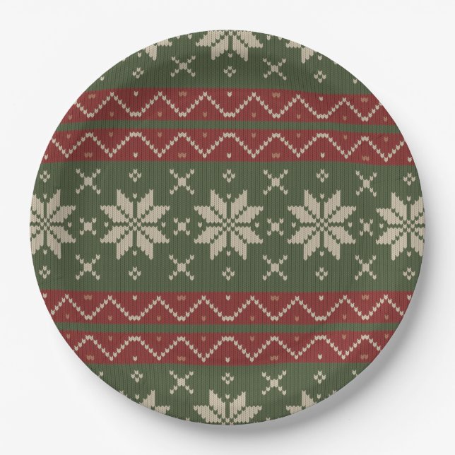 Ugly Christmas Sweater Scandinavian Knit Red Green Paper Plate (Front)