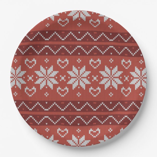 Ugly Christmas Sweater Scandinavian Knit Red Heart Paper Plate (Front)