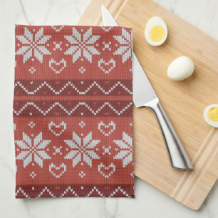 Ugly Christmas Sweater Scandinavian Knit Red Heart Tea Towel