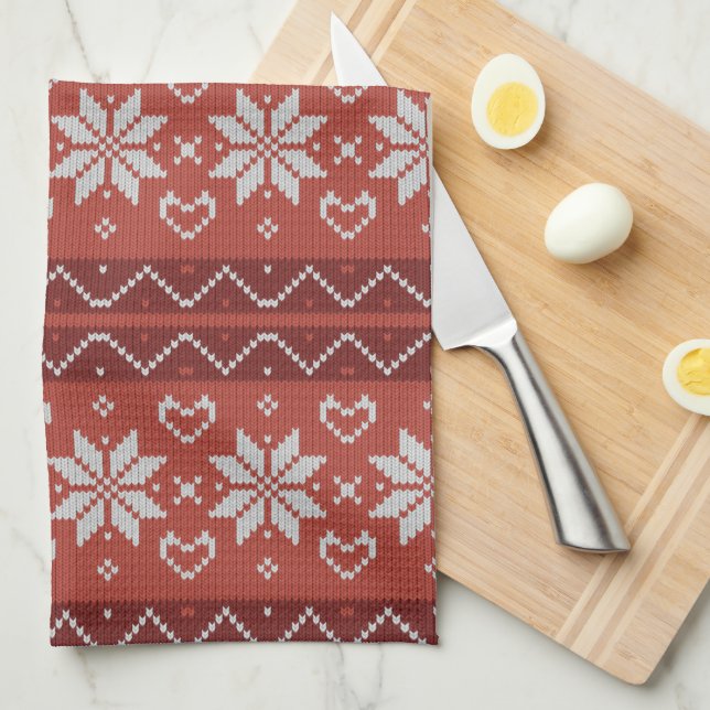 Ugly Christmas Sweater Scandinavian Knit Red Heart Tea Towel (Quarter Fold)