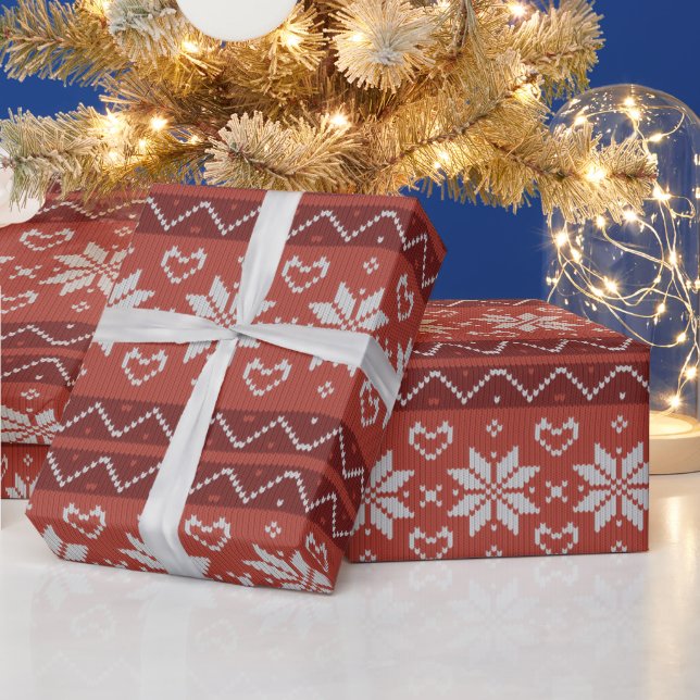 Ugly Christmas Sweater Scandinavian Knit Red Heart Wrapping Paper (Holidays)