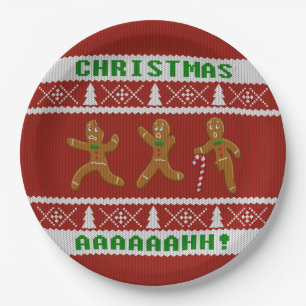 Ugly Christmas Sweater Scared Gingerbread Men Red Paper Plate