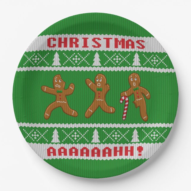 Ugly Christmas Sweater Scared Gingerbreadmen Green Paper Plate (Front)