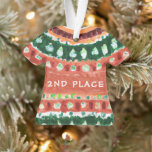 Ugly Christmas Sweater Second Place Watercolor Ornament<br><div class="desc">On the front, there is an ugly Christmas sweater watercolor painted in reddish brown green, orange and white. On a strip there is the message "2nd Place". On the back, there is only orange and green text: the message "2nd Place" is arched above, in green caps, the message "Ugly Sweater...</div>