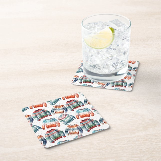 Ugly Christmas Sweater Square Paper Coaster (Insitu)