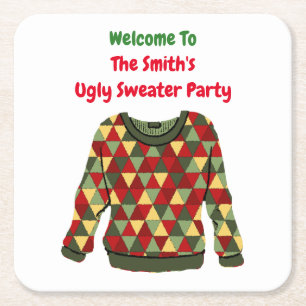 Ugly Christmas sweater theme triangles  Square Paper Coaster