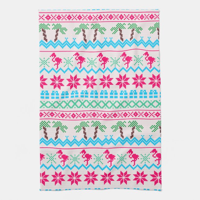 Ugly Christmas Sweater Tropical Flamingo Tea Towel (Vertical)