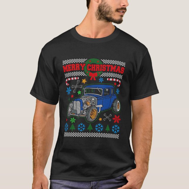 Ugly Christmas Sweater Vintage Blue Hot Rod Car (Front)