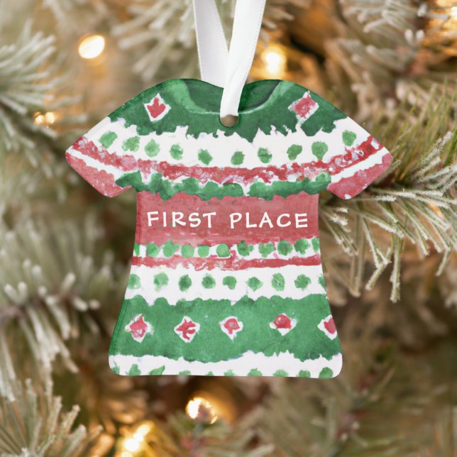 Ugly Christmas Sweater Winner Green Red Watercolor Ornament (Tree)