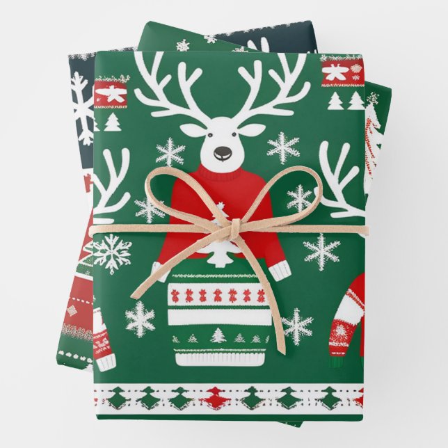 Ugly Christmas Sweater Wrapping Paper, Red & Green Wrapping Paper Sheet (In situ)