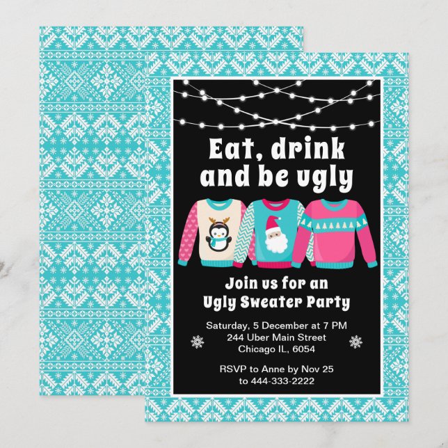 Ugly Christmas Sweaters Holiday Party Blue Invitation (Front/Back)
