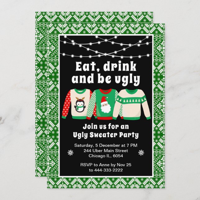 Ugly Christmas Sweaters Holiday Party Green Invitation (Front/Back)