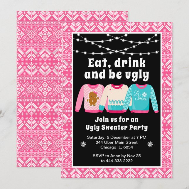 Ugly Christmas Sweaters Holiday Party Pink Invitation (Front/Back)