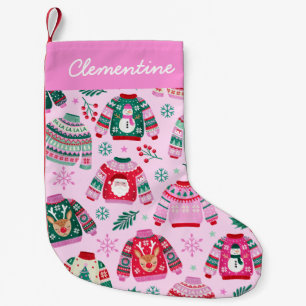 Ugly Christmas Sweaters on Pink with Name Small Christmas Stocking