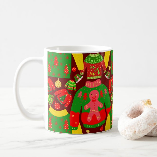 Ugly Christmas Sweaters Pattern Festive Cool Funny Coffee Mug (With Donut)