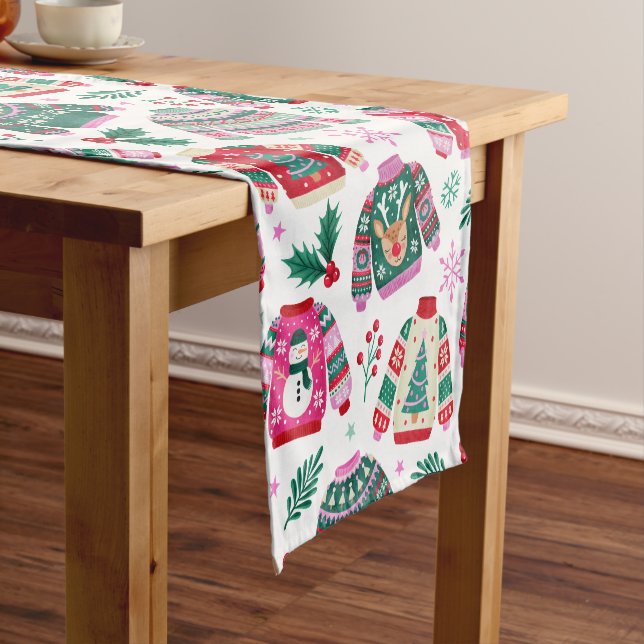 Ugly Christmas Sweaters With Santa and Reindeer Short Table Runner (In Situ)