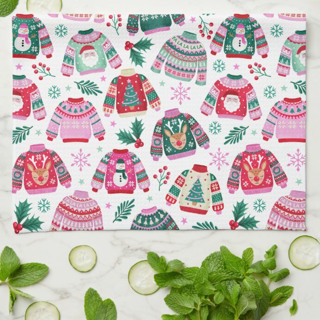Ugly Christmas Sweaters With Santa and Reindeer Tea Towel (Folded)