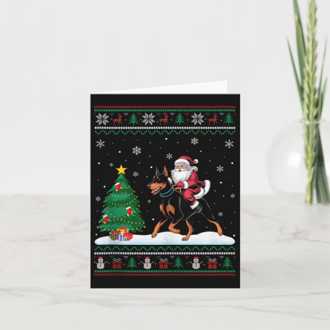 Ugly Christmas Tree Light Santa Riding Doberman Pi Card (Front)