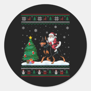 Ugly Christmas Tree Light Santa Riding Doberman Pi Classic Round Sticker