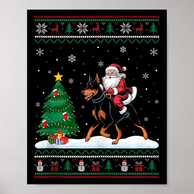 Ugly Christmas Tree Light Santa Riding Doberman Pi Poster (Front)