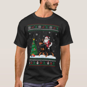 Ugly Christmas Tree Light Santa Riding Doberman Pi T-Shirt