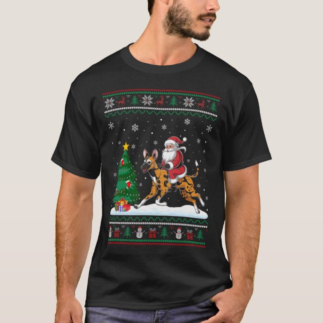 Ugly Christmas Tree Lights Santa Riding African Wi T-Shirt (Front)
