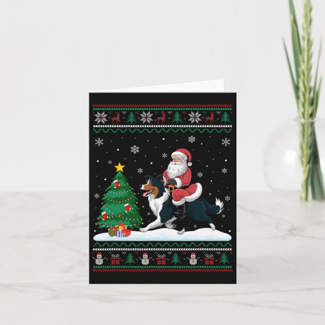 Ugly Christmas Tree Lights Santa Riding Border Col Card (Front)