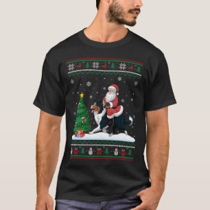 Ugly Christmas Tree Lights Santa Riding Border Col T-Shirt