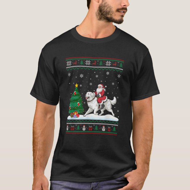 Ugly Christmas Tree Lights Santa Riding Great Pyre T-Shirt (Front)