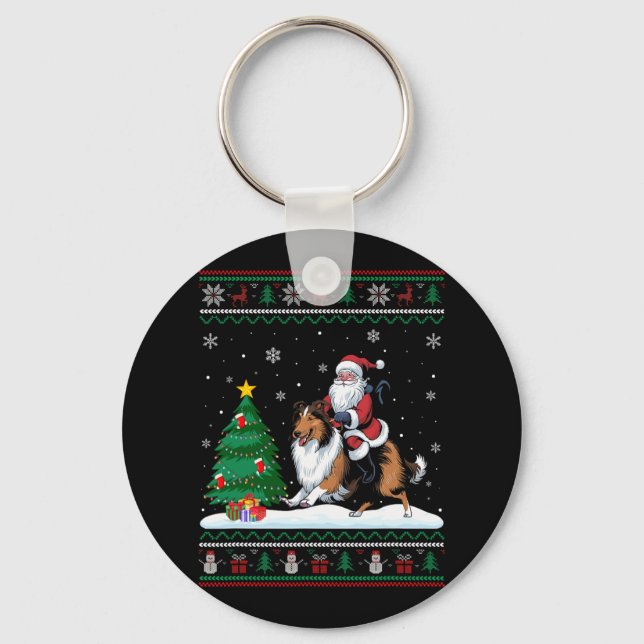 Ugly Christmas Tree Lights Santa Riding Rough Coll Key Ring (Front)