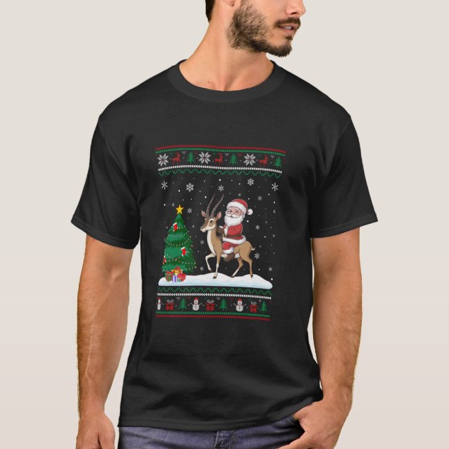 Ugly Christmas Tree Lights Xmas Santa Riding Antel T-Shirt (Front)