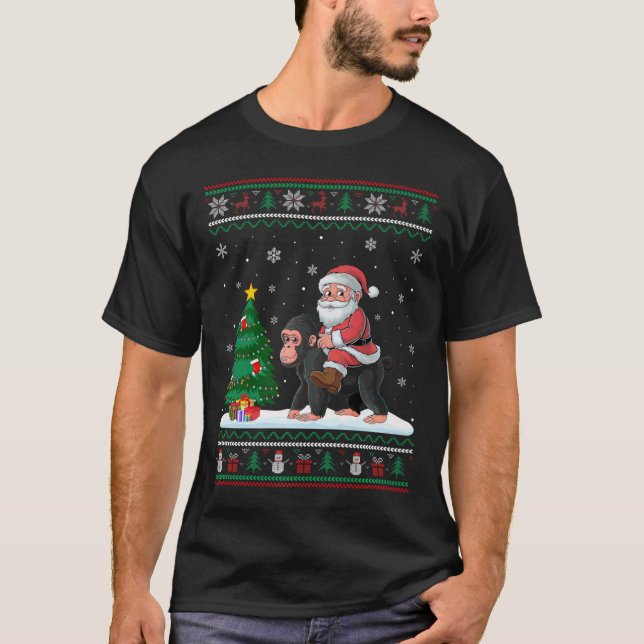 Ugly Christmas Tree Lights Xmas Santa Riding Ape  T-Shirt (Front)