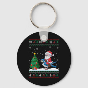 Ugly Christmas Tree Lights Xmas Santa Riding Blue Key Ring