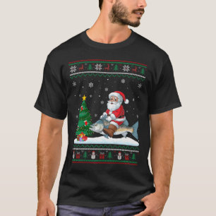 Ugly Christmas Tree Lights Xmas Santa Riding Bonef T-Shirt