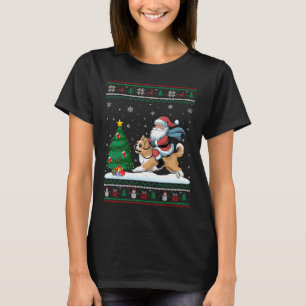 Ugly Christmas Tree Lights Xmas Santa Riding Lhasa T-Shirt